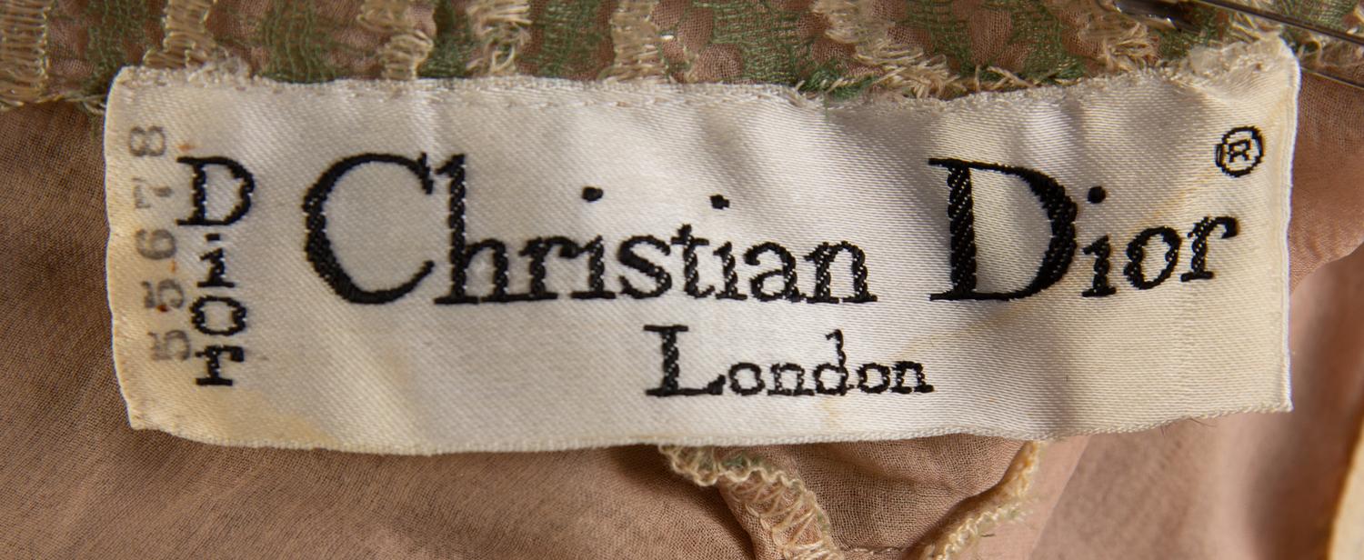 A Christian Dior Cream and Green Lace Dress, No size; Belt: 80" x 1.75".