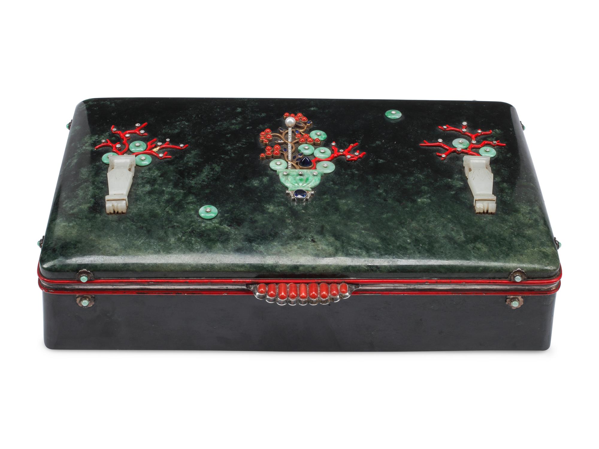 A Large Nephrite Box with Diamond, Coral and Sapphire Inlay