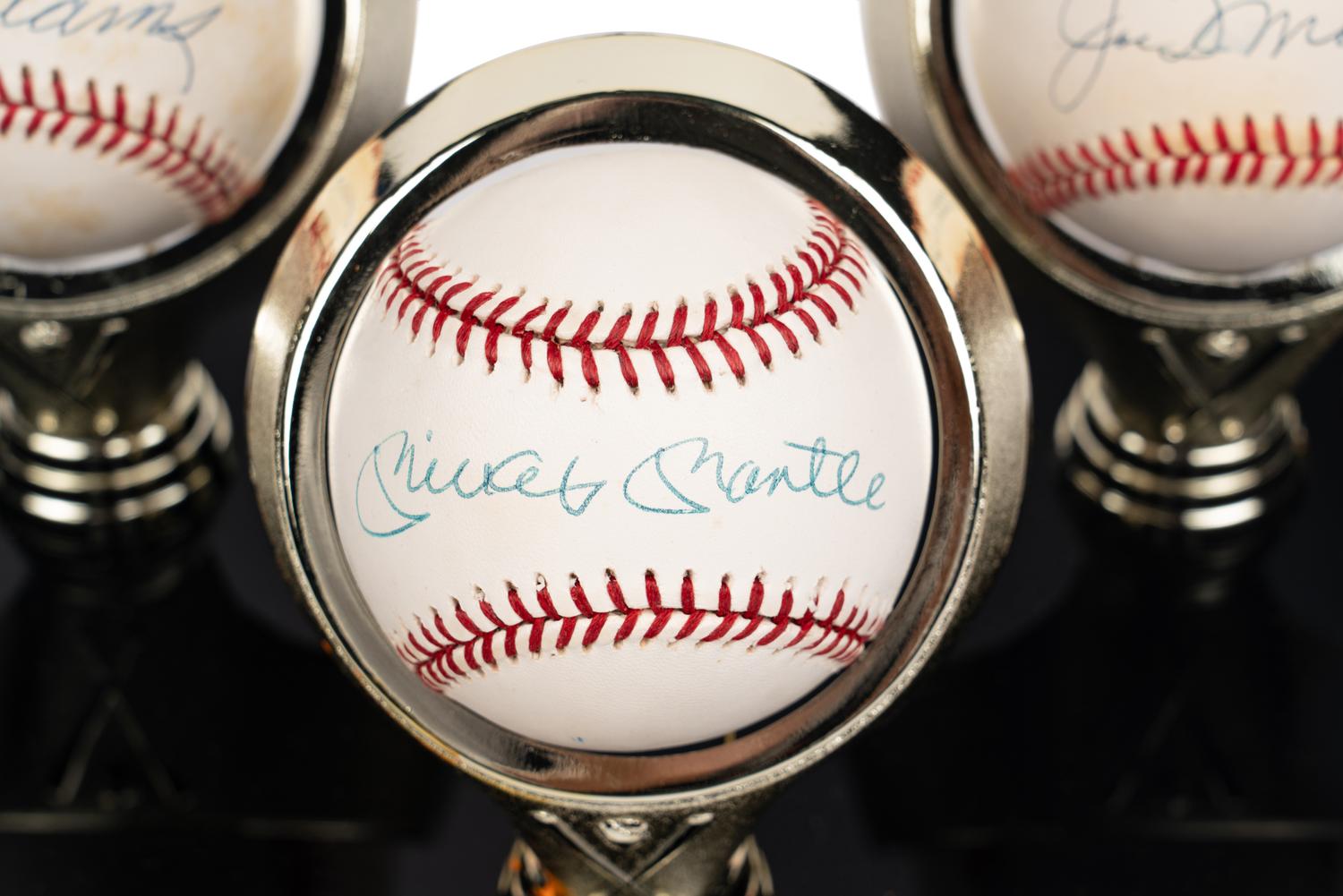 A Ted Williams, Mickey Mantle and Joe DiMaggio Single Signed Autograph Baseball Display (Beckett Authentcation Services)