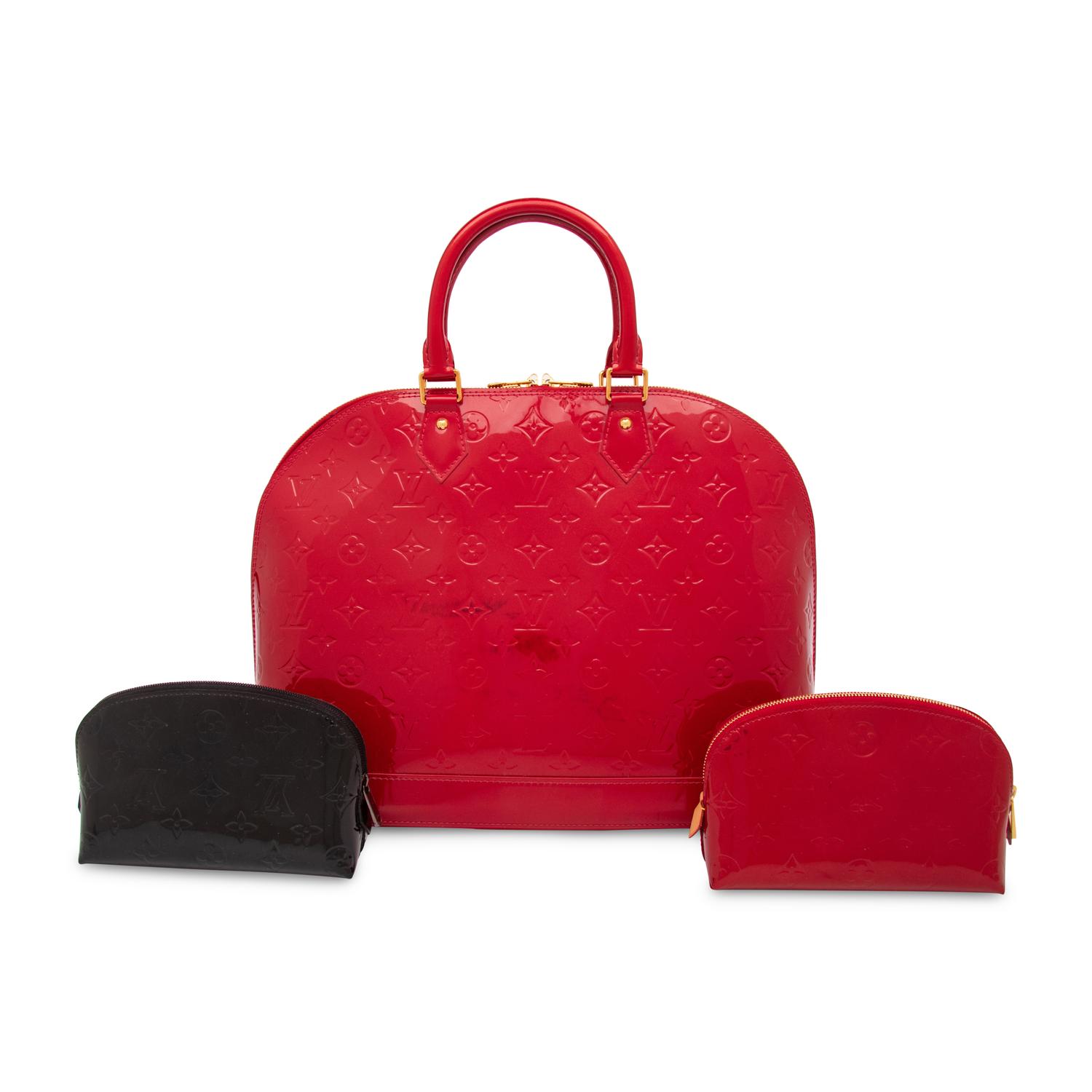 Louis Vuitton, Red Patent Large Alma Handbag & Two Patent Zipper Pouches
