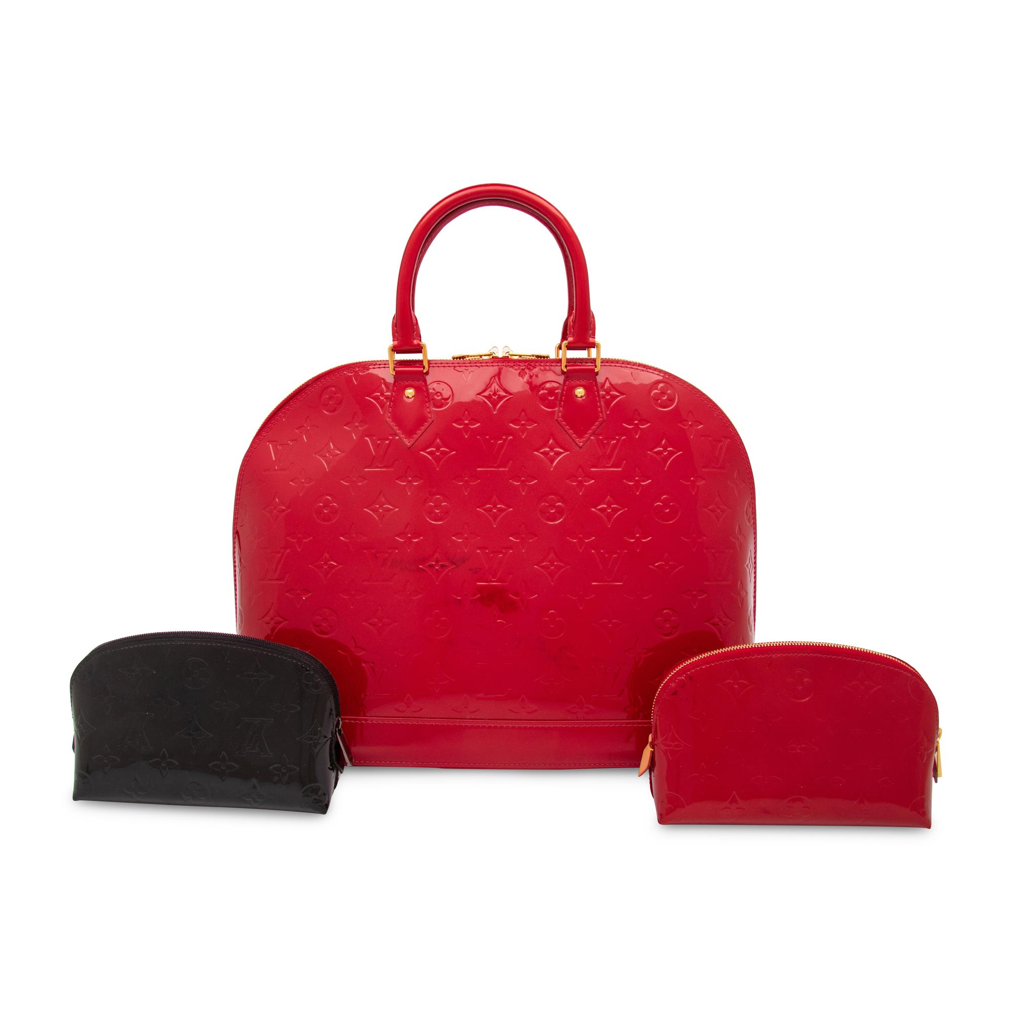 Louis Vuitton, Red Patent Large Alma Handbag & Two Patent Zipper Pouches