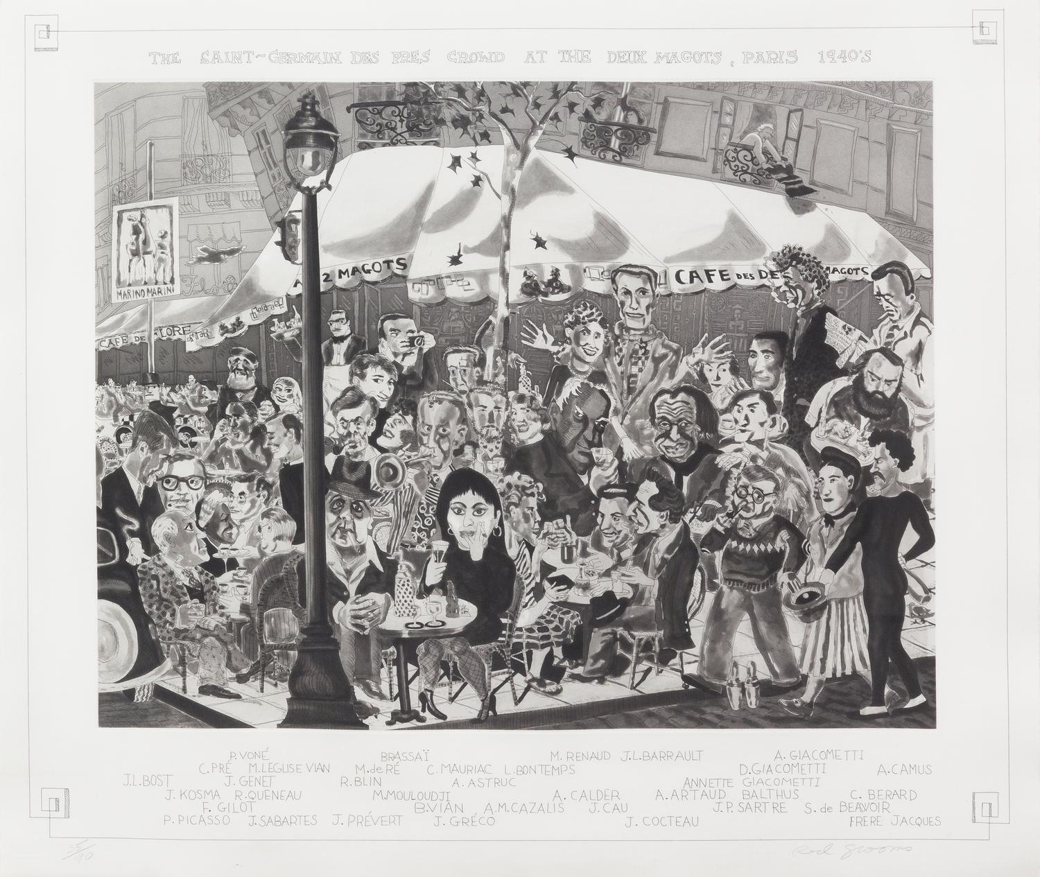 Red Grooms, (American, b. 1937), The Saint-Germain des Près crowd at the Deux Magots, Paris, 1986