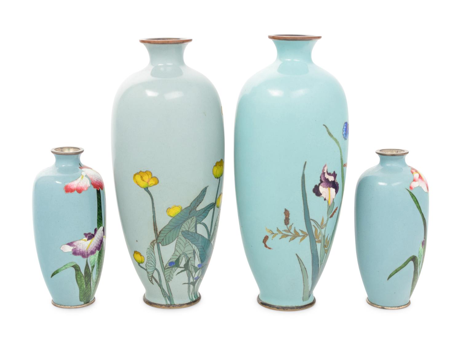 Two Pairs of Japanese Blue Ground Cloisonné Enamel Vases