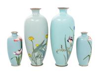 Two Pairs of Japanese Blue Ground Cloisonné Enamel Vases