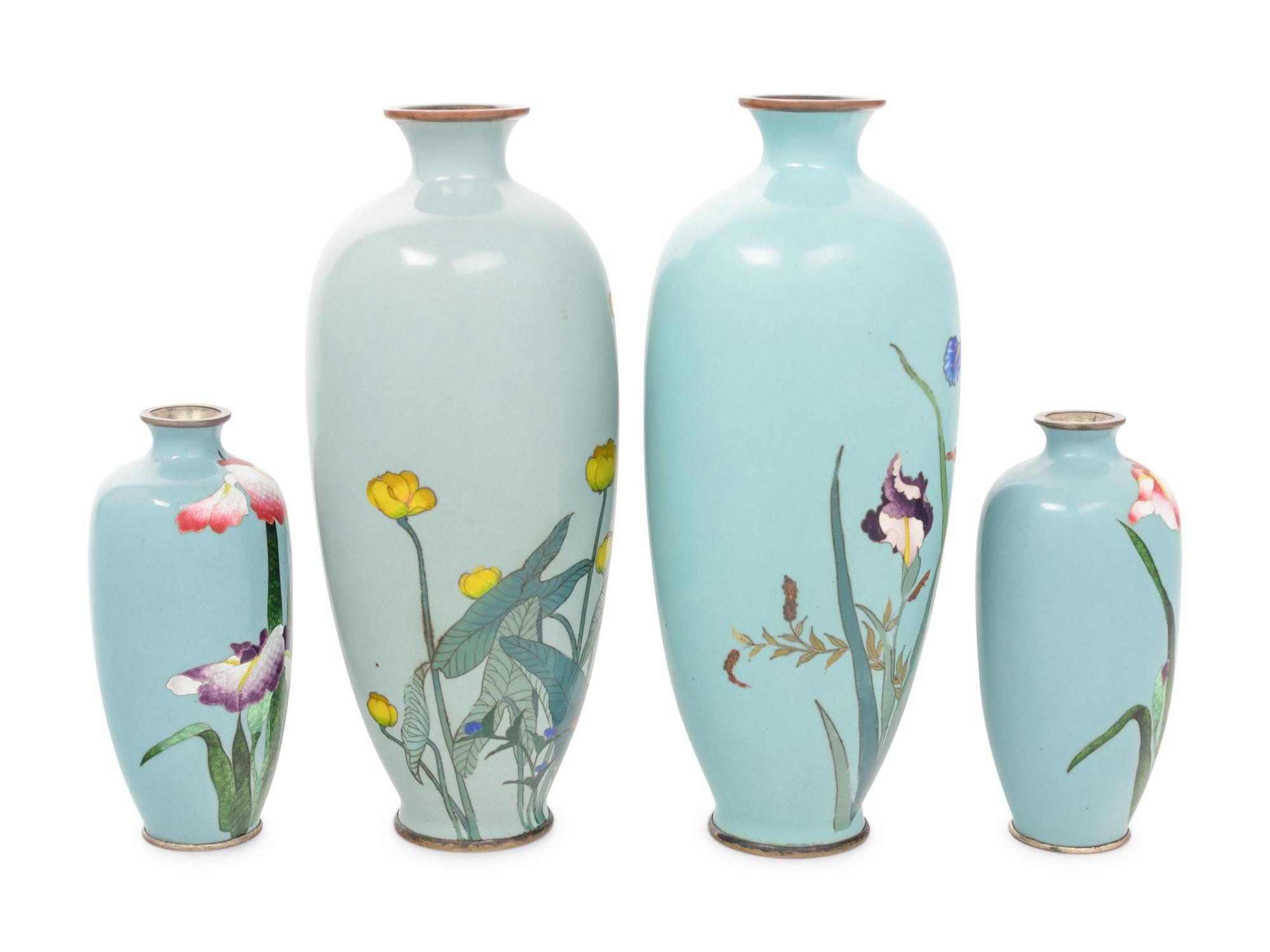 Two Pairs of Japanese Blue Ground Cloisonné Enamel Vases