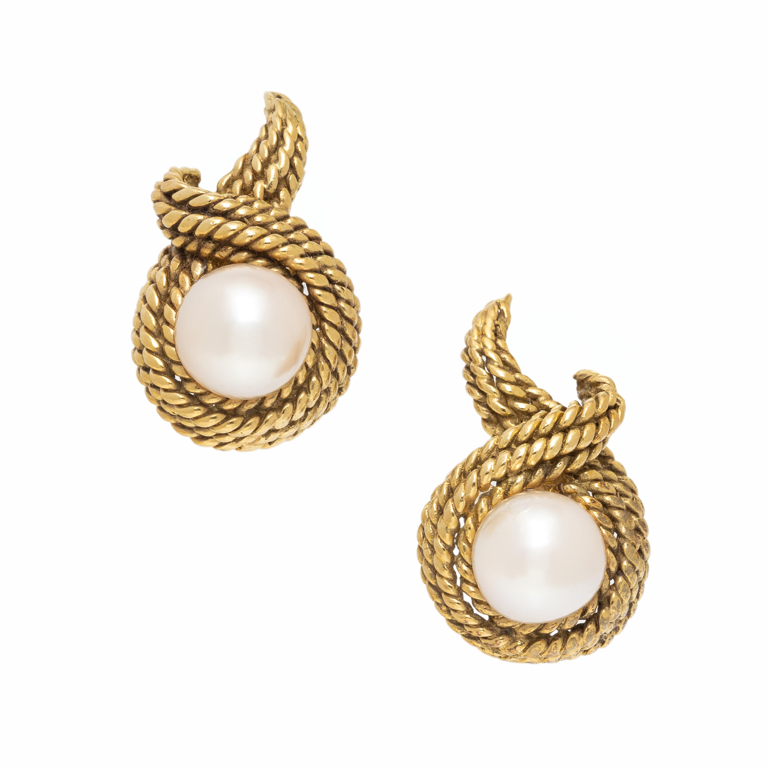 Tiffany & Co., Cultured Pearl and Yellow Gold Earrings
