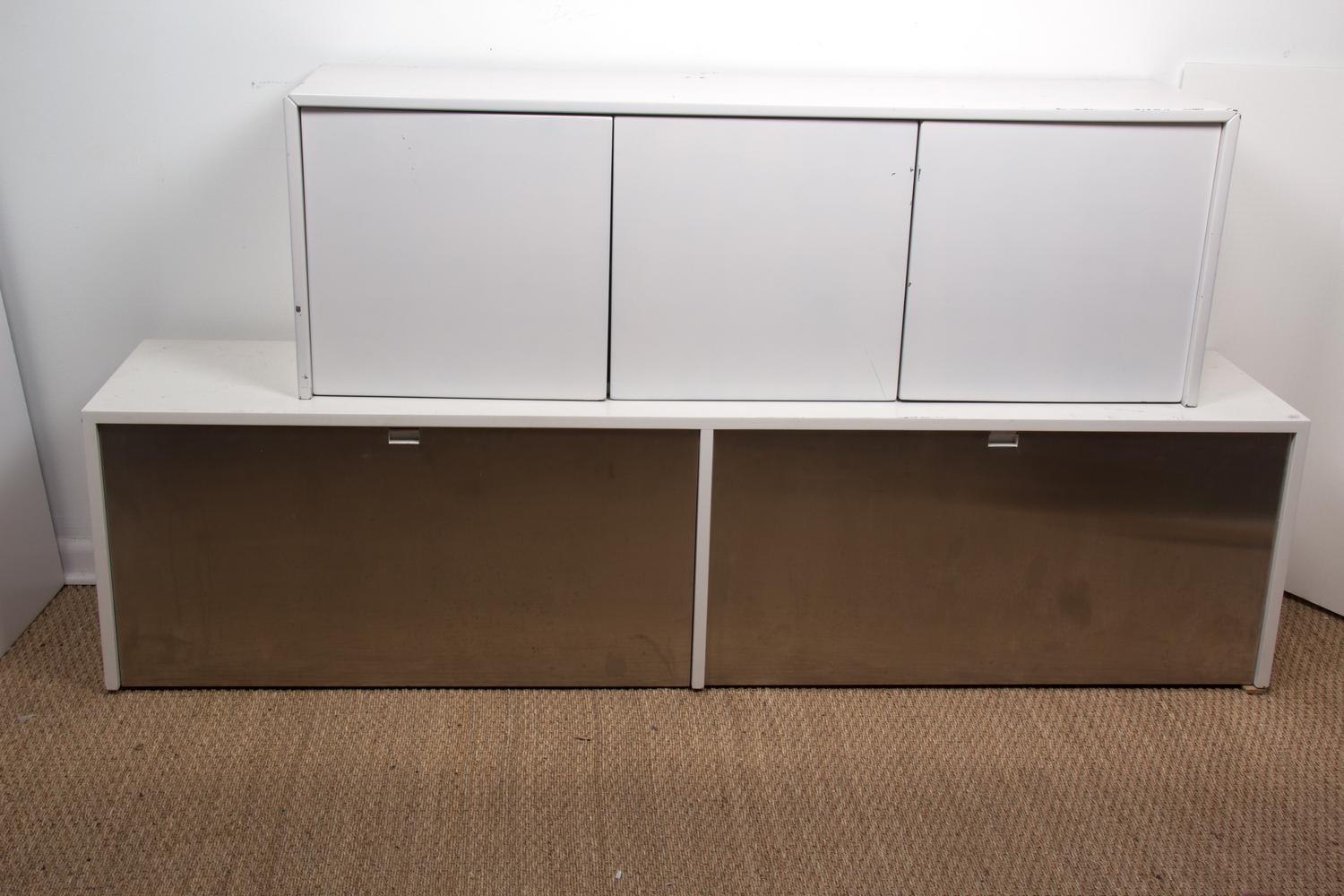 Two White Lacquered Wall Mount Cabinets Height of larger 18 x width 72 x depth 15 1/4 inches. — KNOLL, 20TH CENTURY