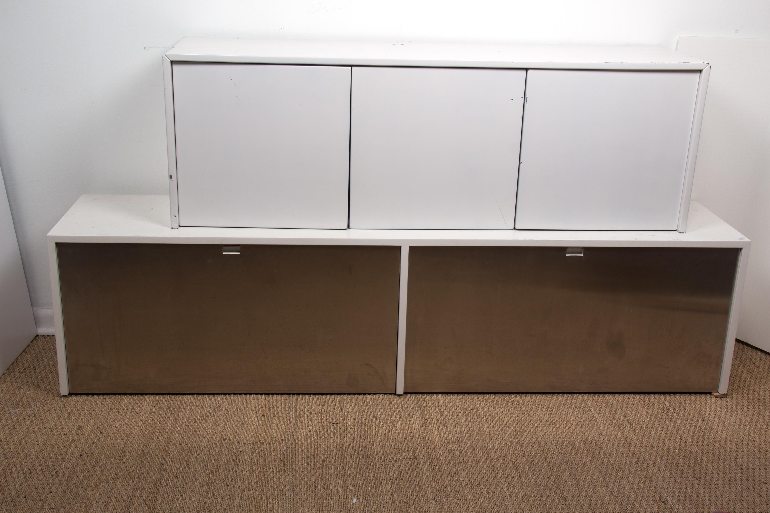 Two White Lacquered Wall Mount Cabinets Height of larger 18 x width 72 x depth 15 1/4 inches. — KNOLL, 20TH CENTURY