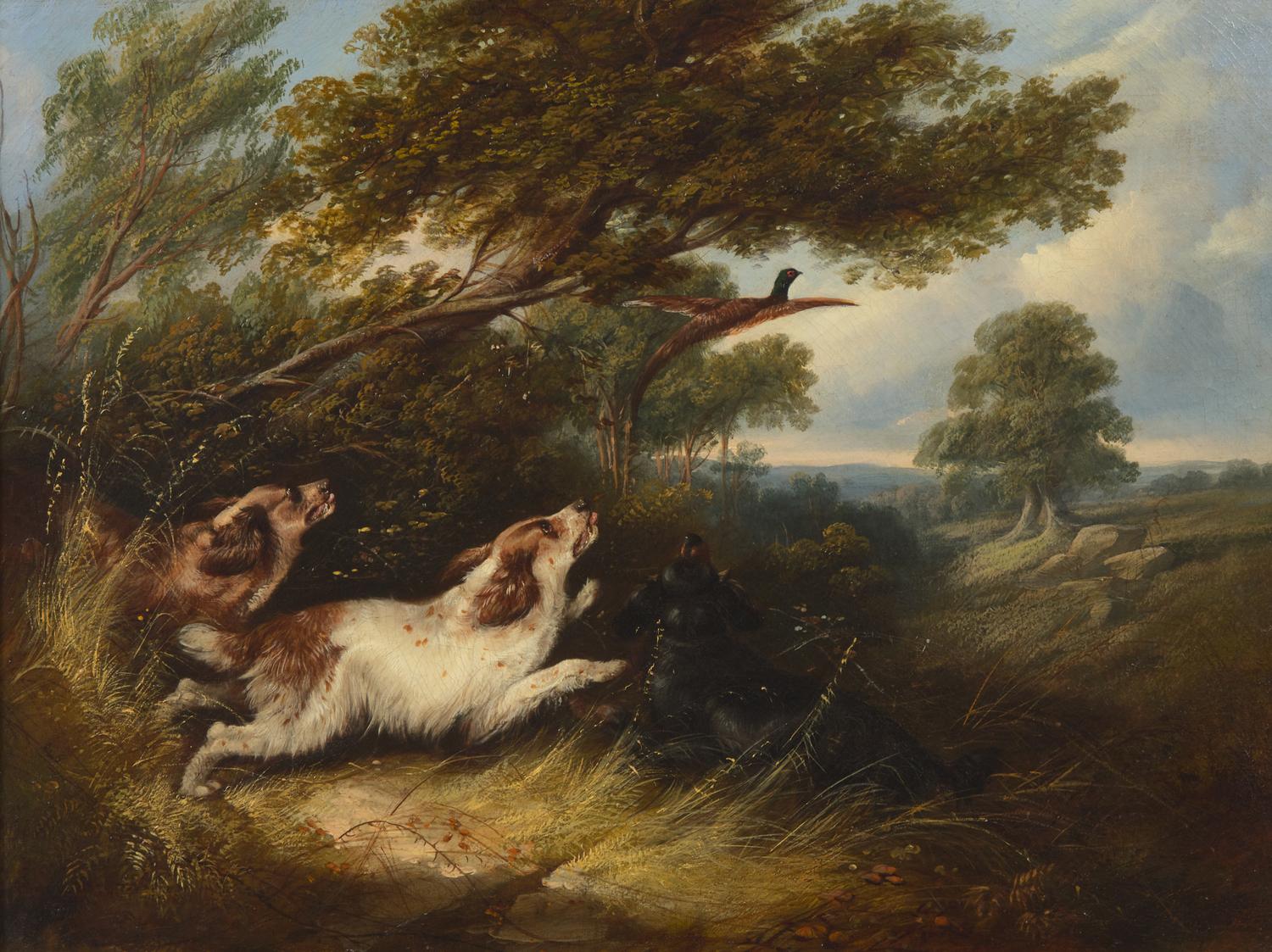 George Armfield (English, 1810-1893), A Pair: Dogs Chasing Prey in Landscapes , dated “1848”
