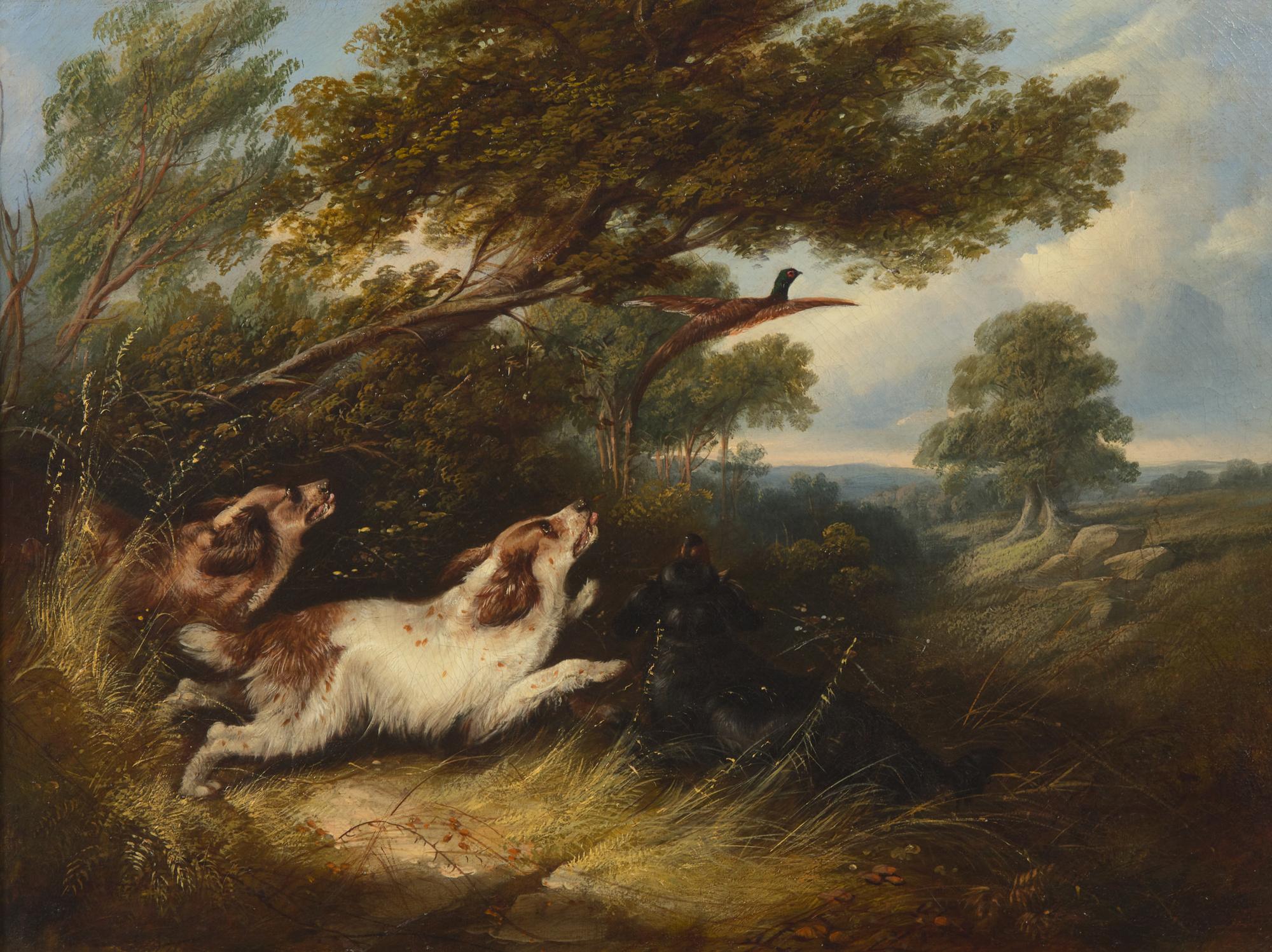 George Armfield (English, 1810-1893), A Pair: Dogs Chasing Prey in Landscapes , dated “1848”