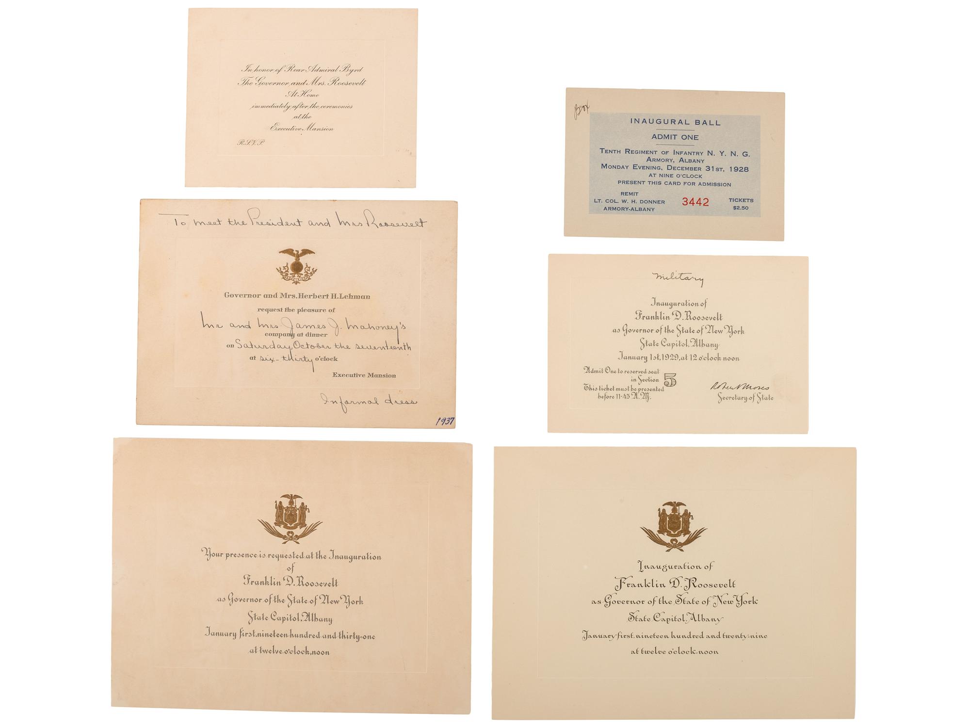 [ROOSEVELT, Franklin Delano (1882-1945)]. A group of invitations, tickets, and programs for FDR's inauguration as New York governor, comprising: