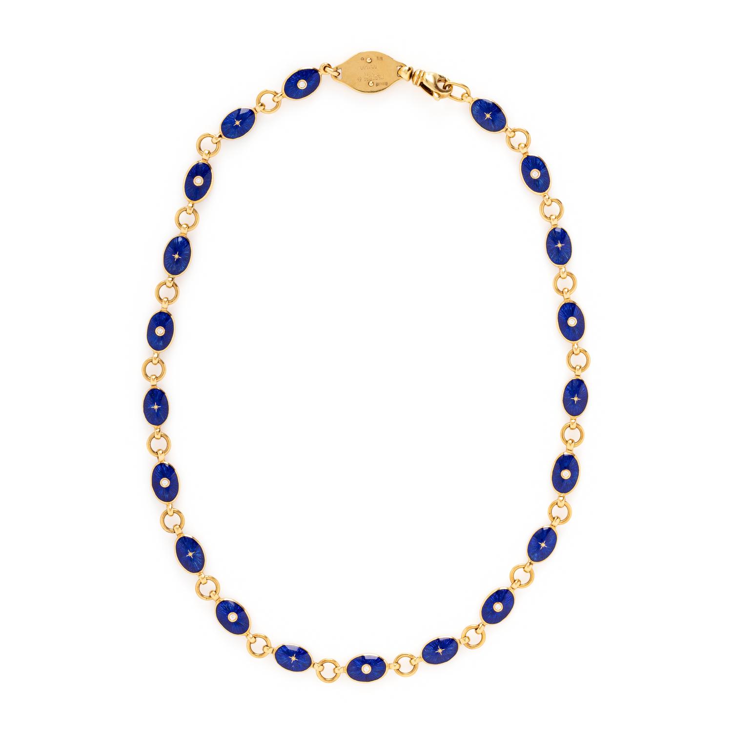 FABERGÉ, BLUE ENAMEL, DIAMOND, AND YELLOW GOLD NECKLACE