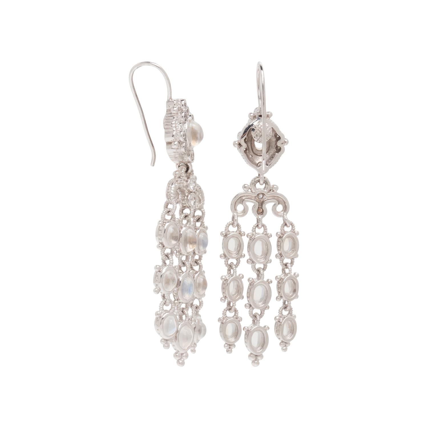 JUDITH RIPKA, WHITE GOLD, MOONSTONE, AND DIAMOND PENDANT EARRINGS