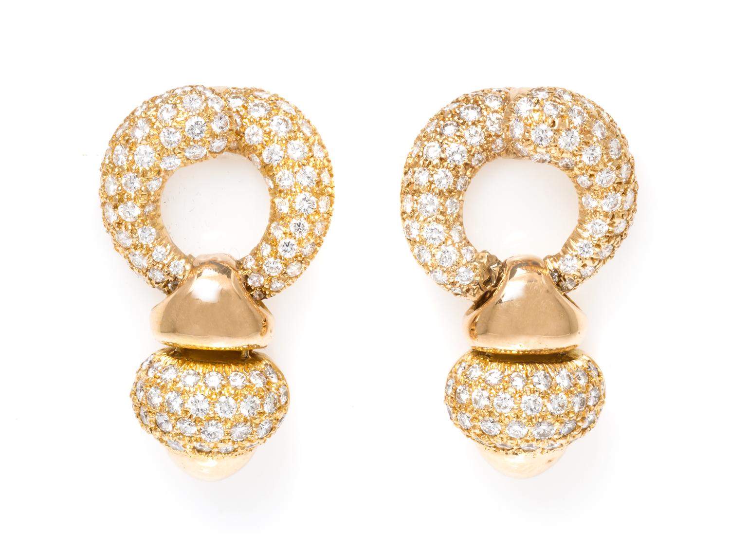A Pair of 14 Karat Yellow Gold and Diamond Earrings, 12.20 dwts.