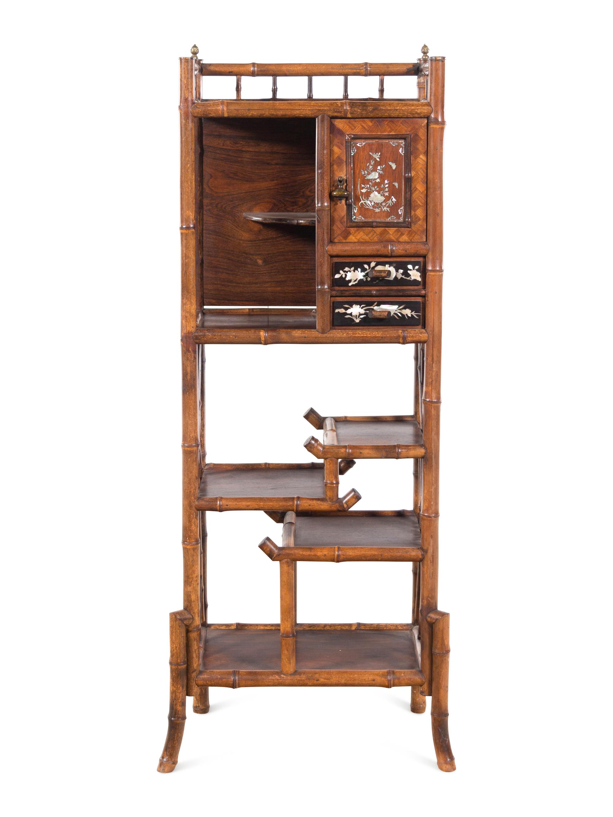 A French Mother-of-Pearl Inlaid Rosewood and Bamboo Japonisme Étagère