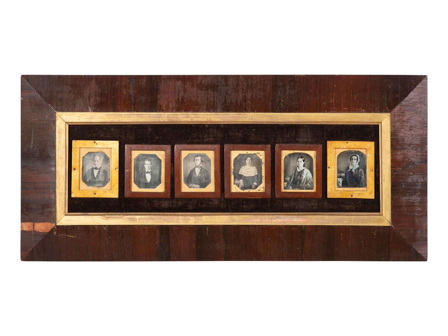 [EARLY PHOTOGRAPHY]. Daguerreian wall frame containing 6 sixth plate daguerreotypes of the Jarvis-Hunt family.