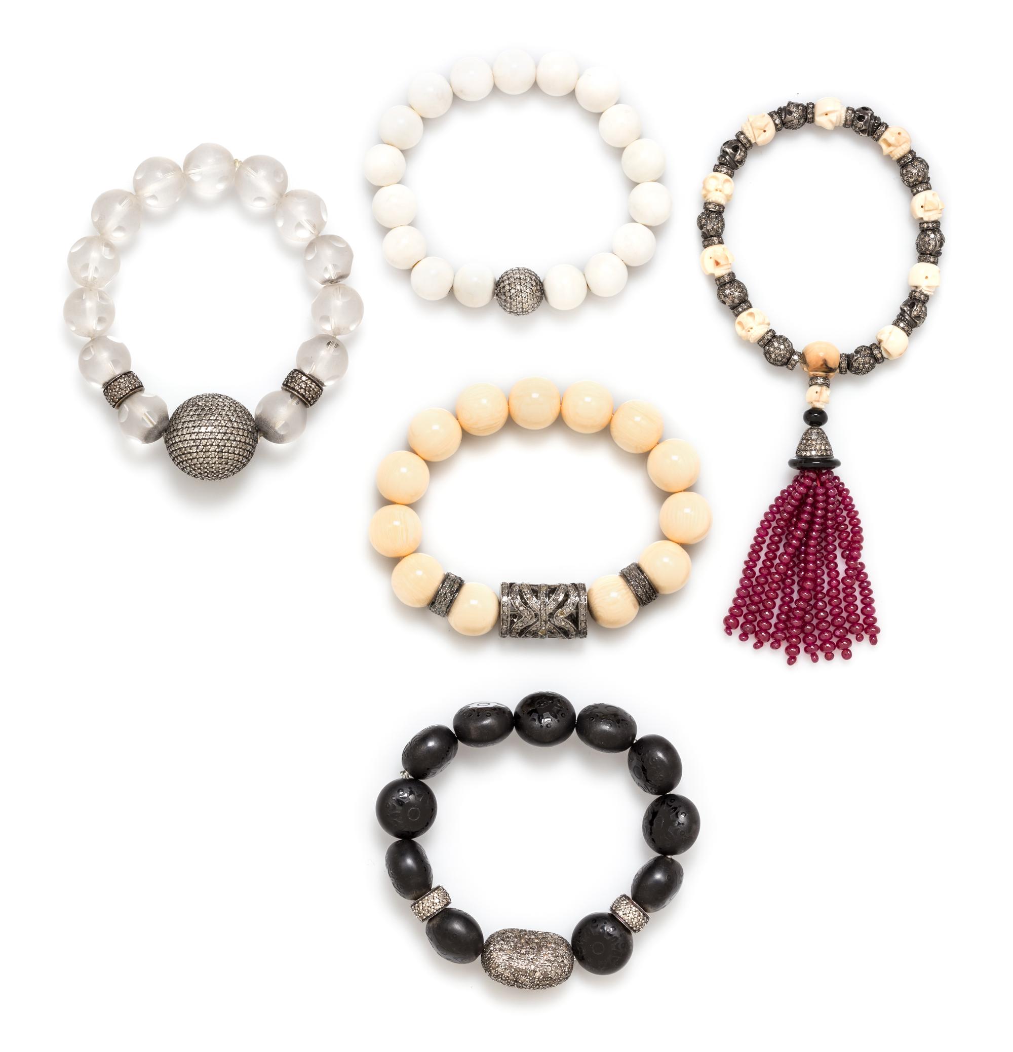 A Collection of Silver, Diamond and Gemstone Bead Bracelets, 98.20 dwts.