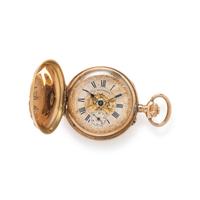 LA MAISONNETTE, 18K YELLOW GOLD AND ENAMEL HUNTER CASE POCKET WATCH