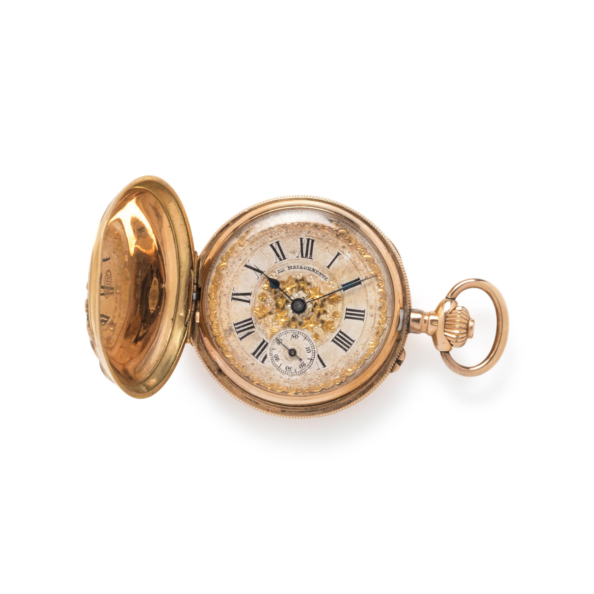 LA MAISONNETTE, 18K YELLOW GOLD AND ENAMEL HUNTER CASE POCKET WATCH