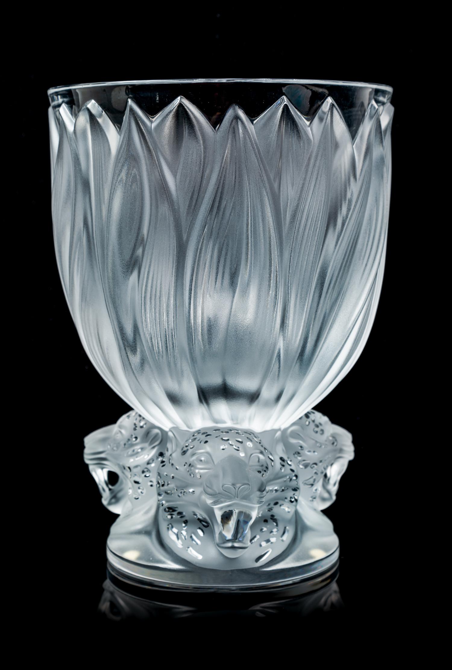 A Lalique Lion Vase Height 11 1/8 inches