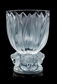 A Lalique Lion Vase Height 11 1/8 inches