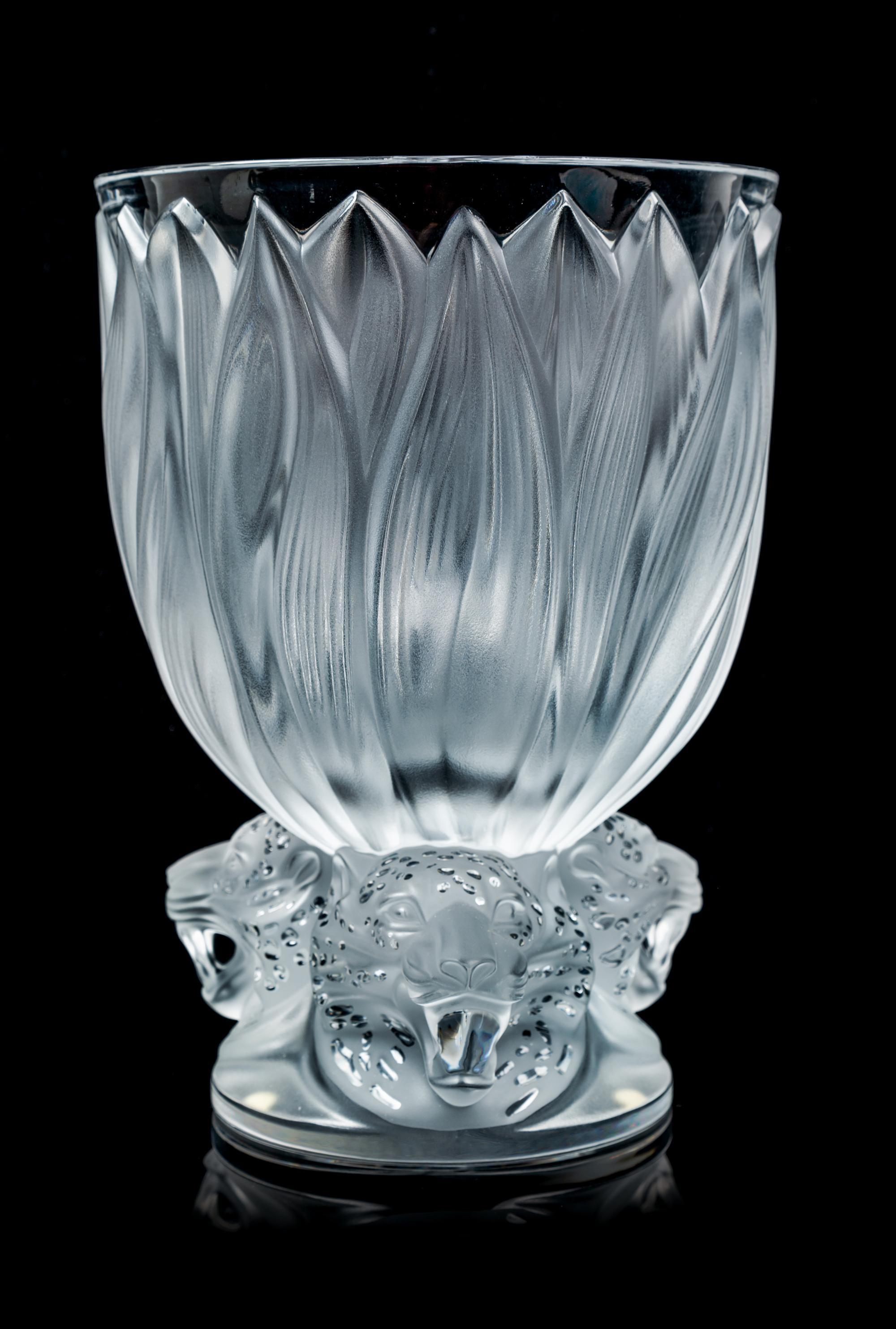 A Lalique Lion Vase Height 11 1/8 inches