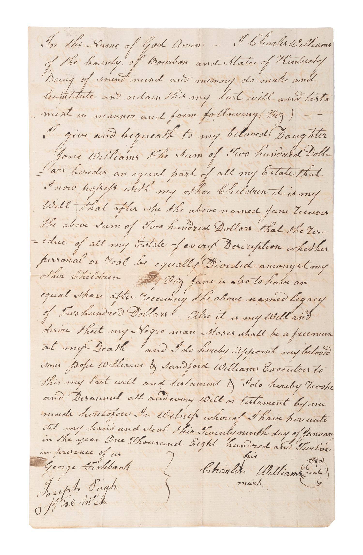 [SLAVERY & ABOLITION]. Will of Charles Williams promising manumission of enslaved man Moses. Bourbon County, KY, 29 January 1812.