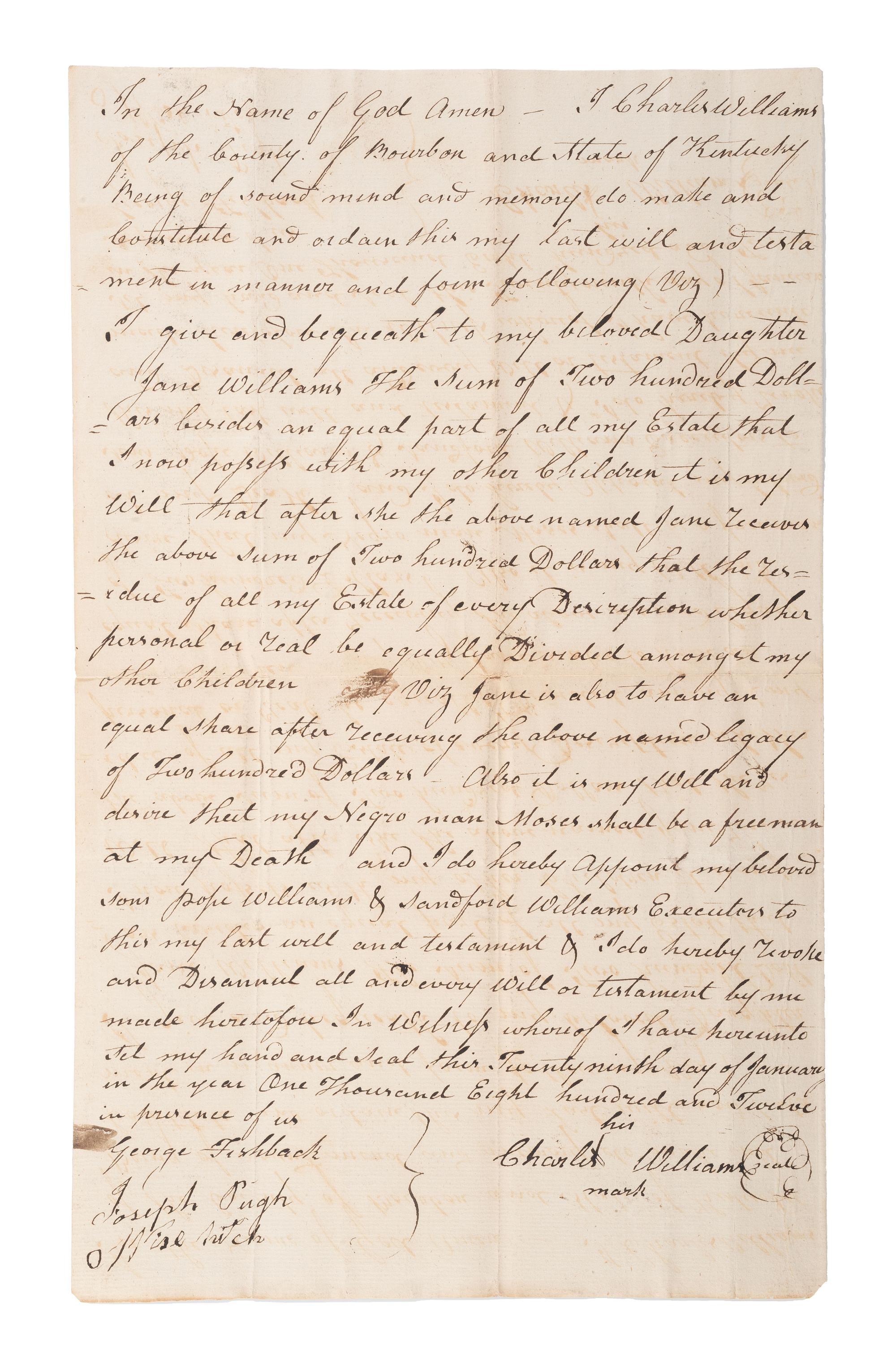 [SLAVERY & ABOLITION]. Will of Charles Williams promising manumission of enslaved man Moses. Bourbon County, KY, 29 January 1812.