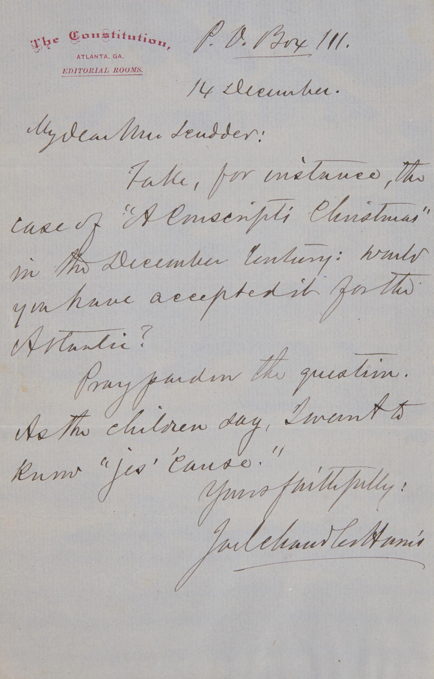 [Children's & Illustrated] Harris, Joel Chandler. Typed Manuscript of "Brother Rabbit, Brother Fox and Two Fat Pullets"