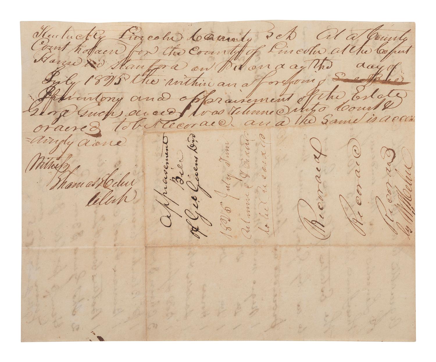 [ENSLAVEMENT & ABOLITION]. 2 Kentucky estate documents listing individual enslaved persons valued at zero dollars or "worthless." 1825, 1864.