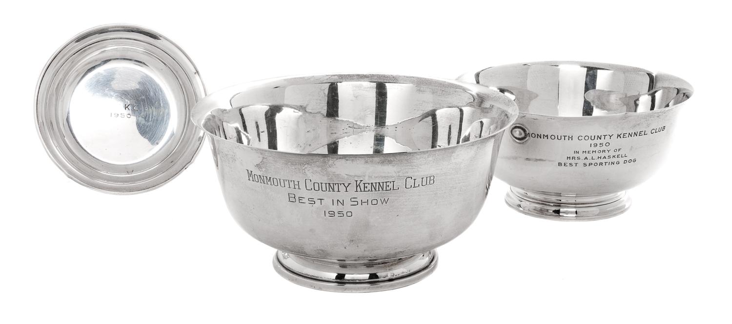 Three American Silver Trophy Bowls, Tiffany & Co., Reed & Barton, Fisher Silversmiths, each from the Monmouth County Kennel Club.