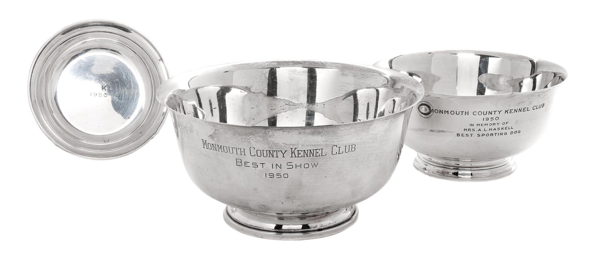 Three American Silver Trophy Bowls, Tiffany & Co., Reed & Barton, Fisher Silversmiths, each from the Monmouth County Kennel Club.