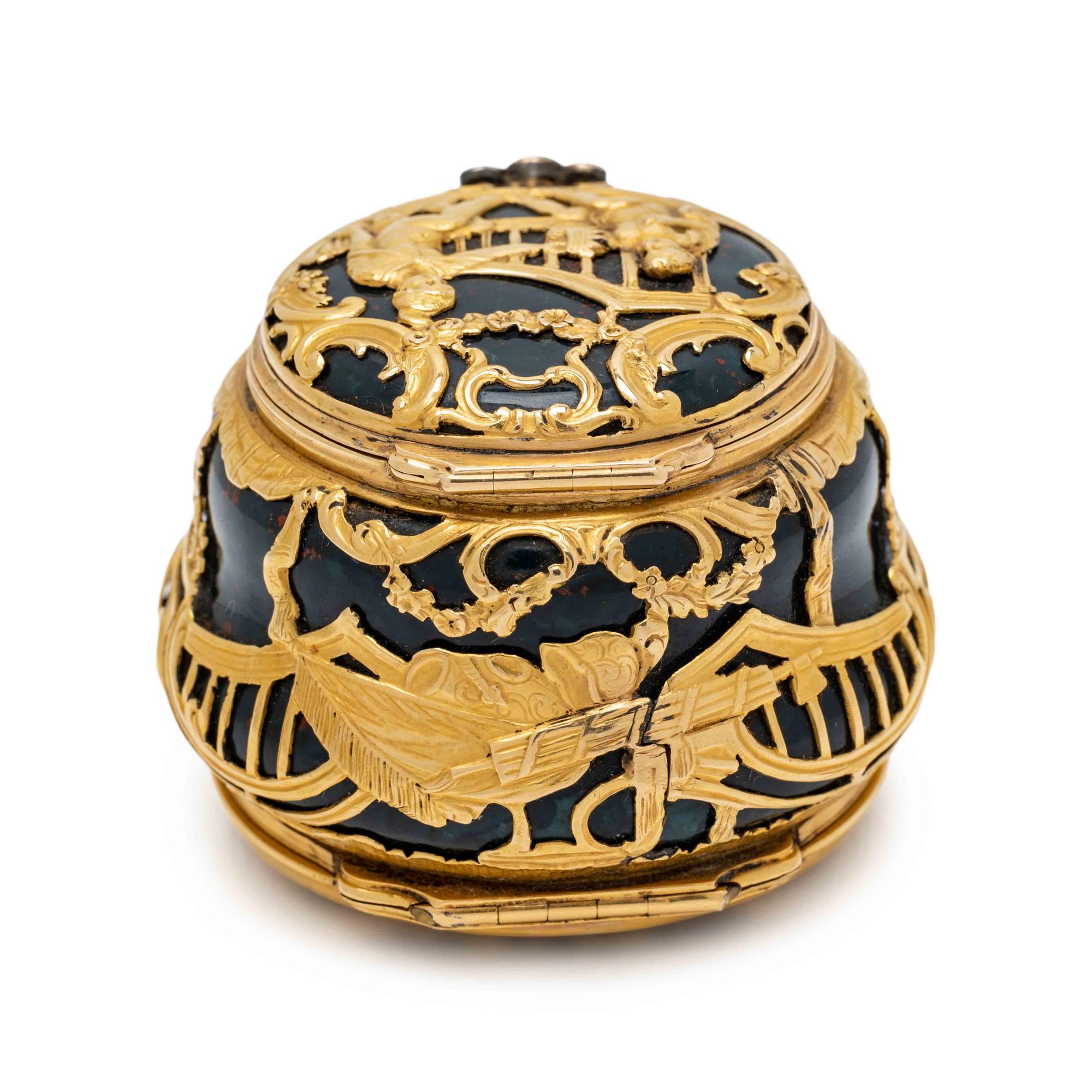 A George III Gold and Jewel Mounted Carved Bloodstone Clock-Inset Snuff Box