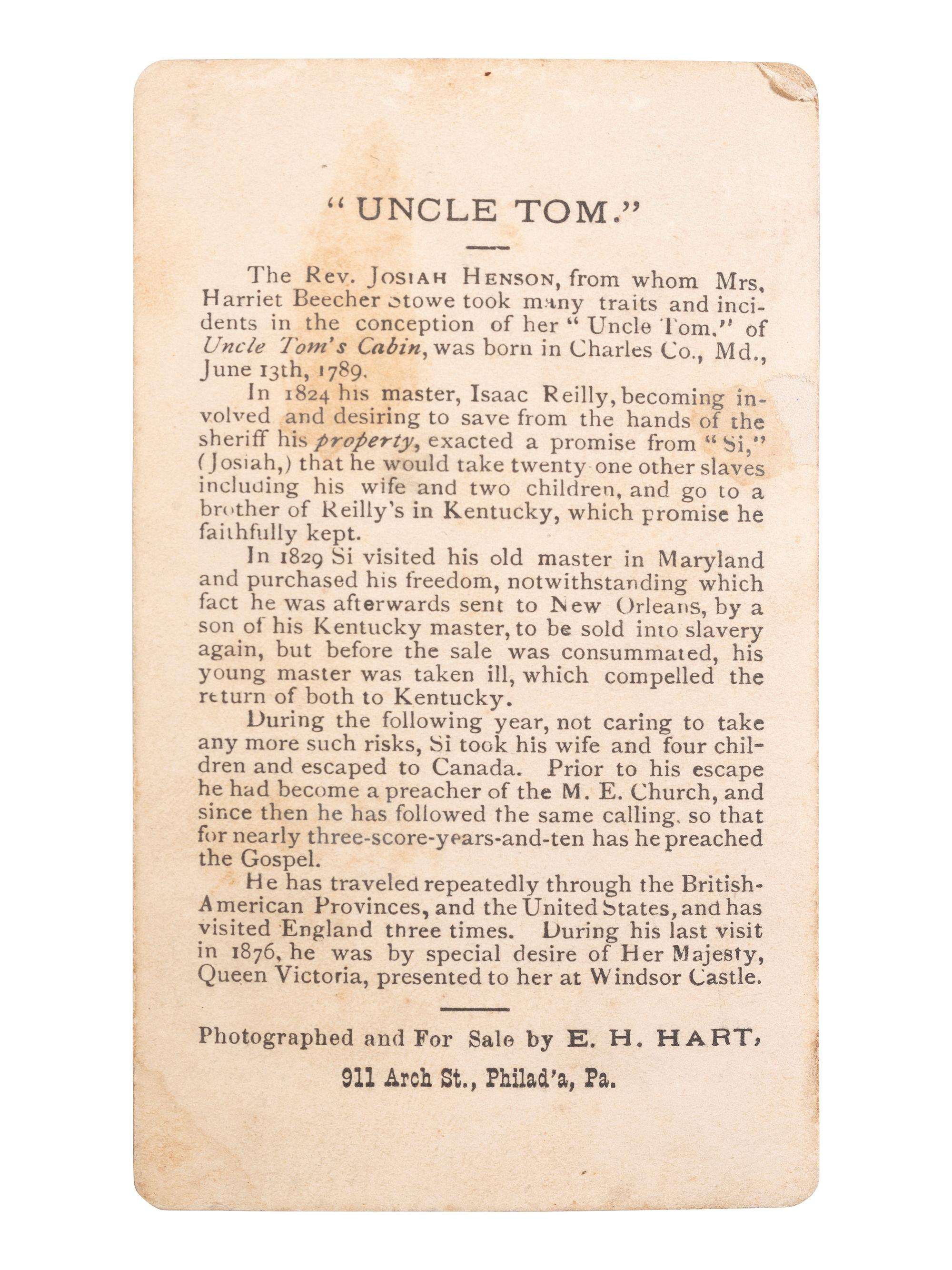 [ENSLAVEMENT & ABOLITION]. CDV of Rev. Josiah Henson, the "Original 'Uncle Tom.'" Philadelphia, PA: E.H. Hart.