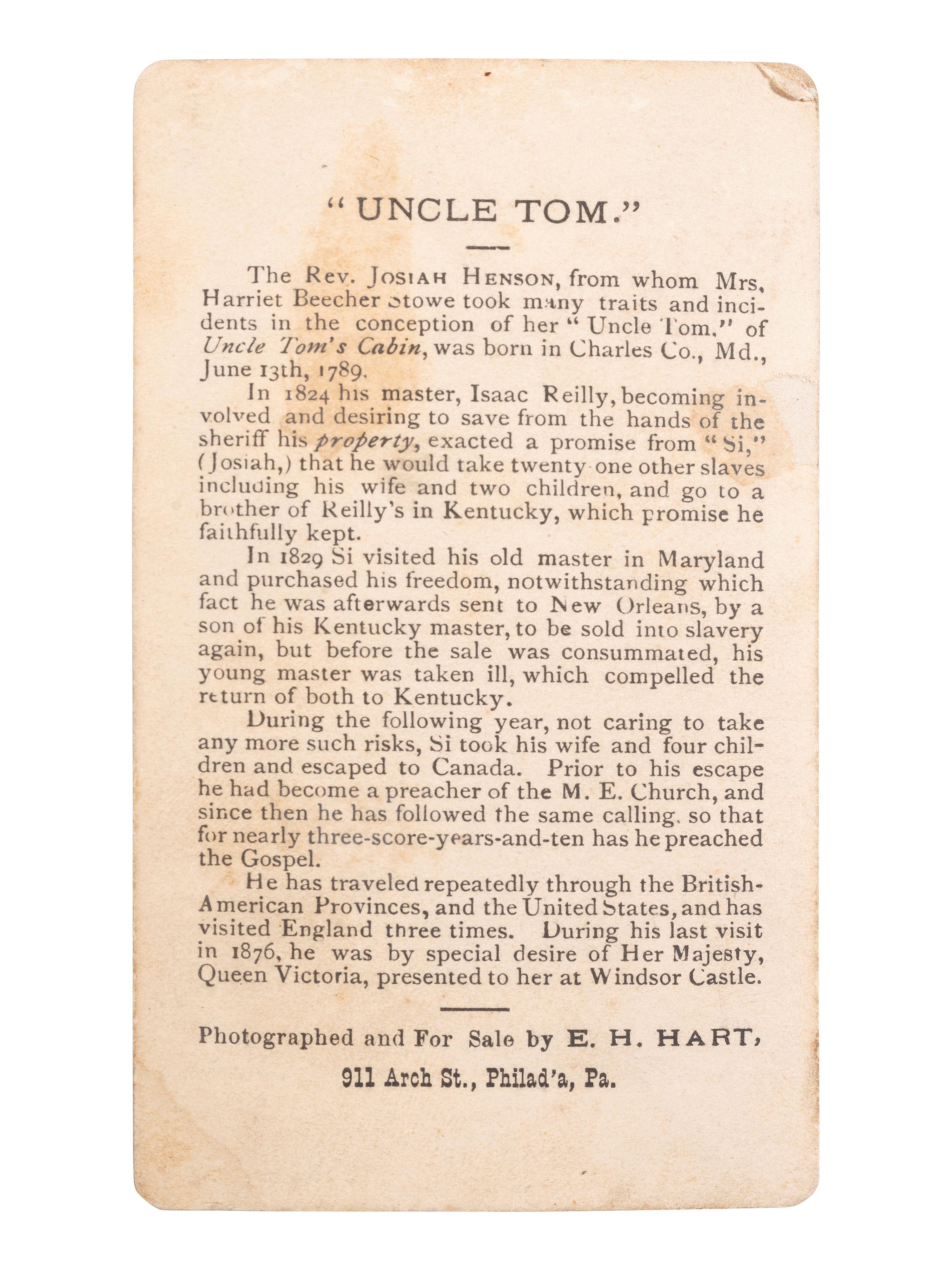 [ENSLAVEMENT & ABOLITION]. CDV of Rev. Josiah Henson, the "Original 'Uncle Tom.'" Philadelphia, PA: E.H. Hart.