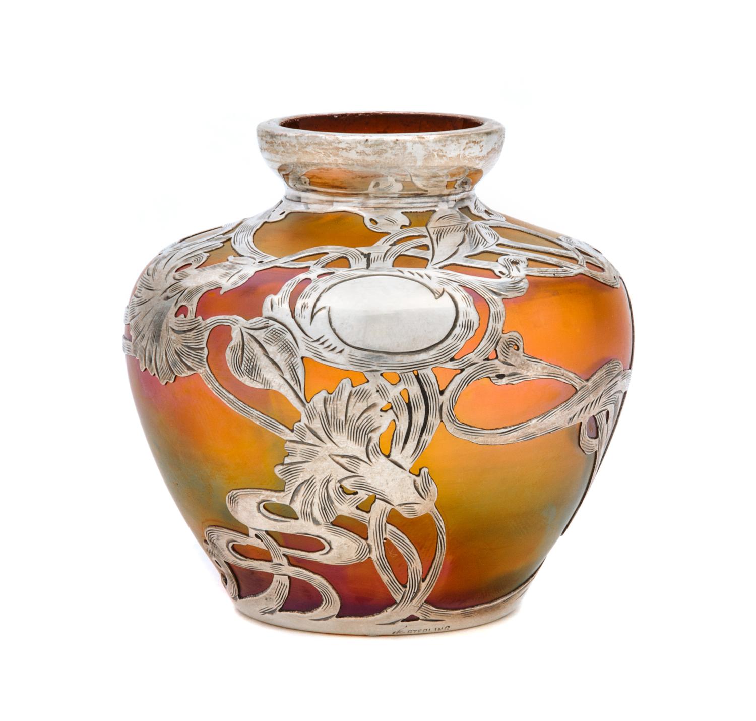 A Loetz Silver Overlay Glass Vase Height 2 1/2 inches.
