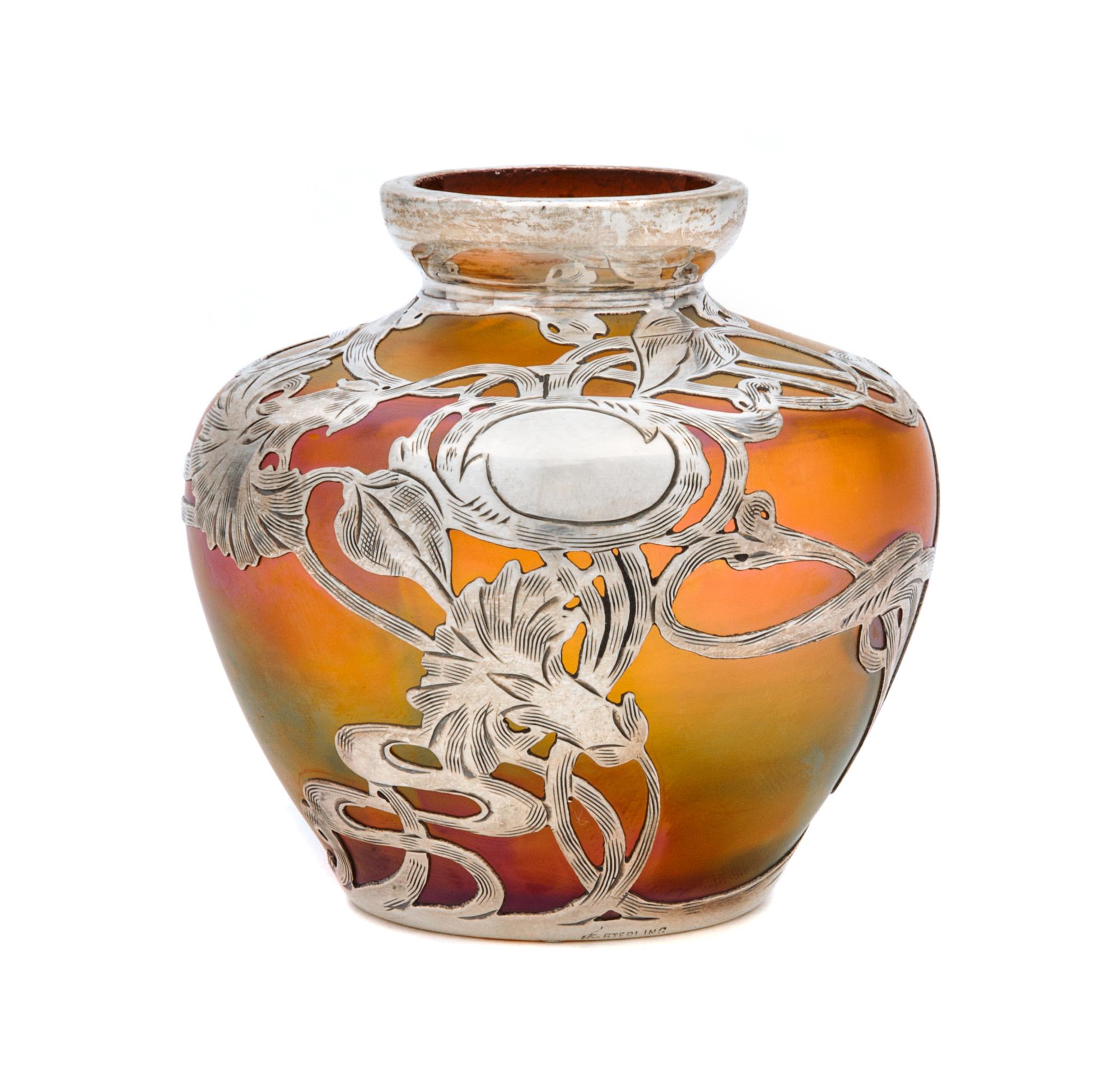 A Loetz Silver Overlay Glass Vase Height 2 1/2 inches.