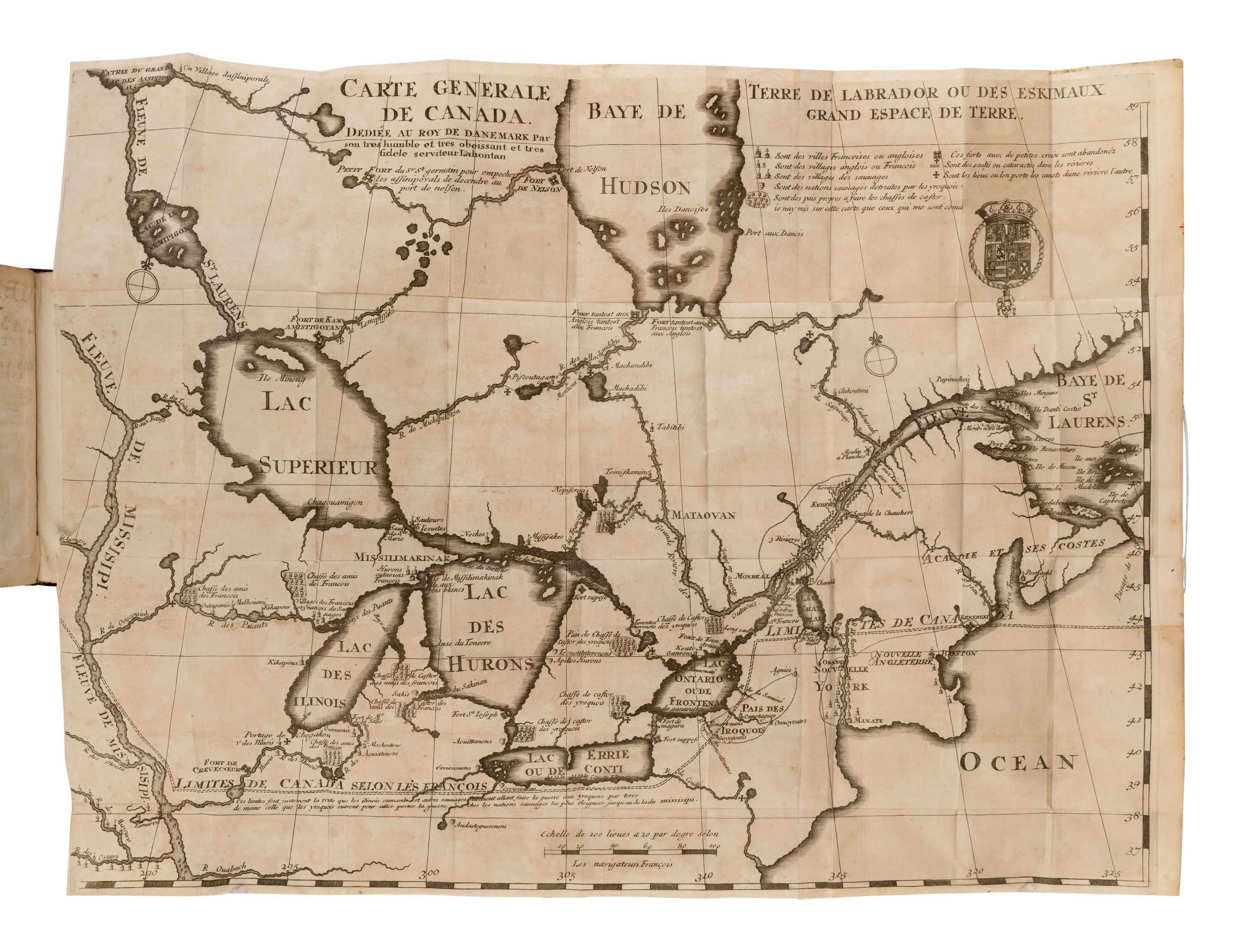 Lahontan, Louis Armand-Lon D'arce (1666-1716). Nouveaux Voyages de Mr Le Baron de Lahontan dans L'Amerique Septentrionale [and:] Memoires de l'Amerique septentrionale, ou la suite des voyages . The Hague: chez les Frères l'Honoré, 1703.