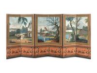 A Directoire Painted Wallpaper Folding Six-Panel Screen