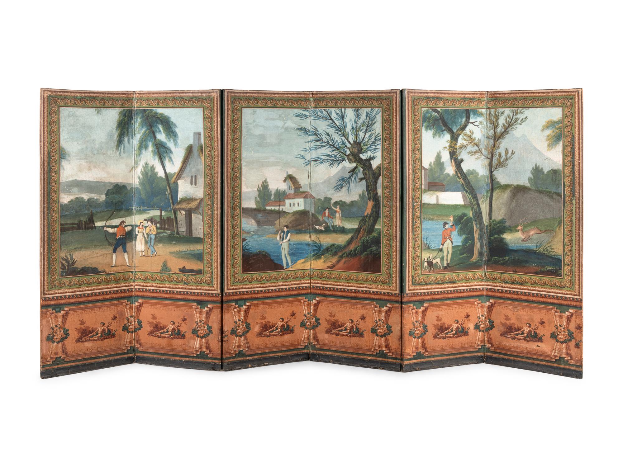 A Directoire Painted Wallpaper Folding Six-Panel Screen