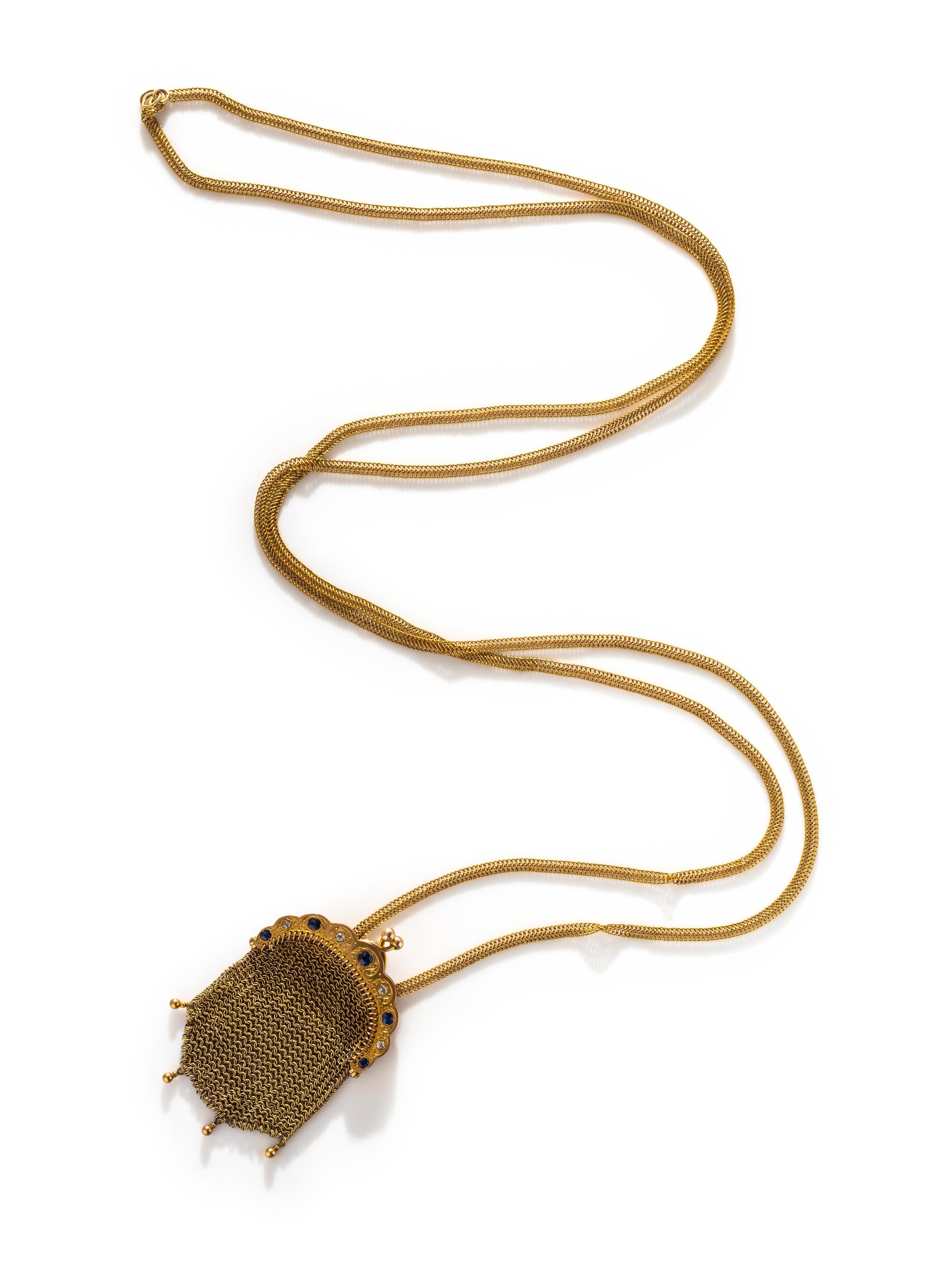 ANTIQUE, YELLOW GOLD, SAPPHIRE AND DIAMOND MESH PURSE AND CHAIN