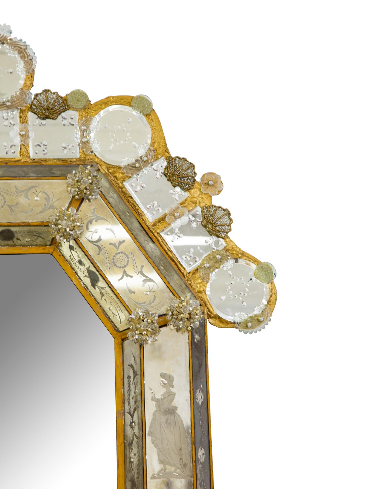 A Venetian Etched Glass Mirror with Beaded Embellishments