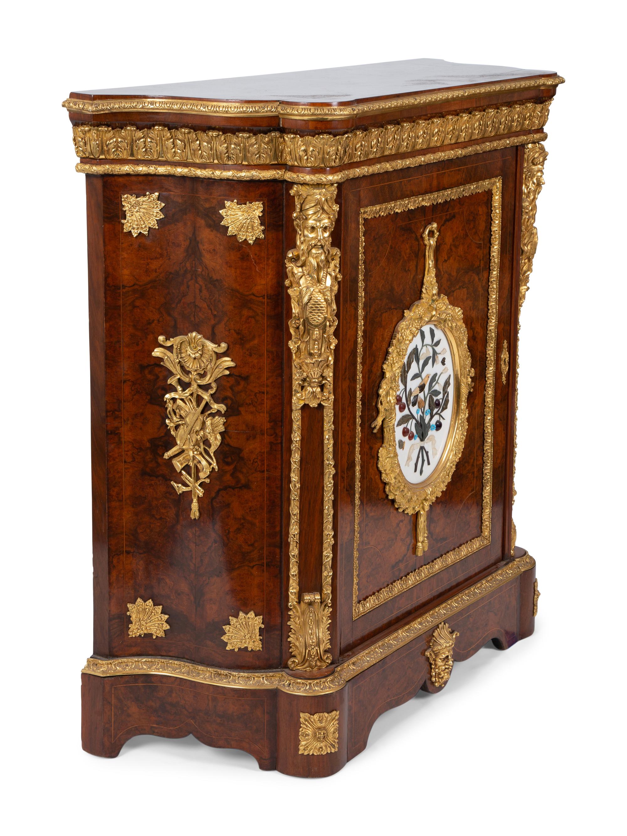 A Napoleon III Style Gilt Bronze Mounted and Hardstone Plaque-Inset Burlwood Cabinet — LATE 19TH/EARLY 20TH CENTURY