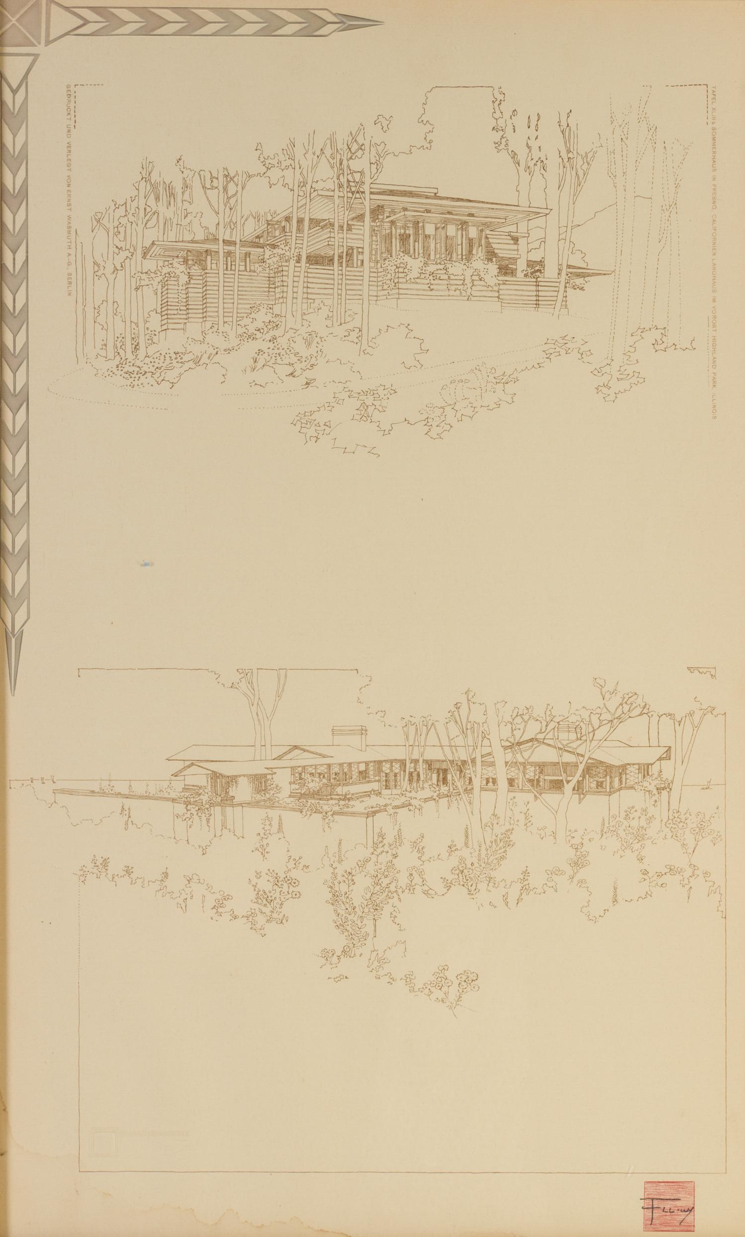 WRIGHT, FRANK LLOYD. Tafel XLIII & sommerhaus... Blueprint litho. from the Wasmuth portfolio, 1910. Framed.
