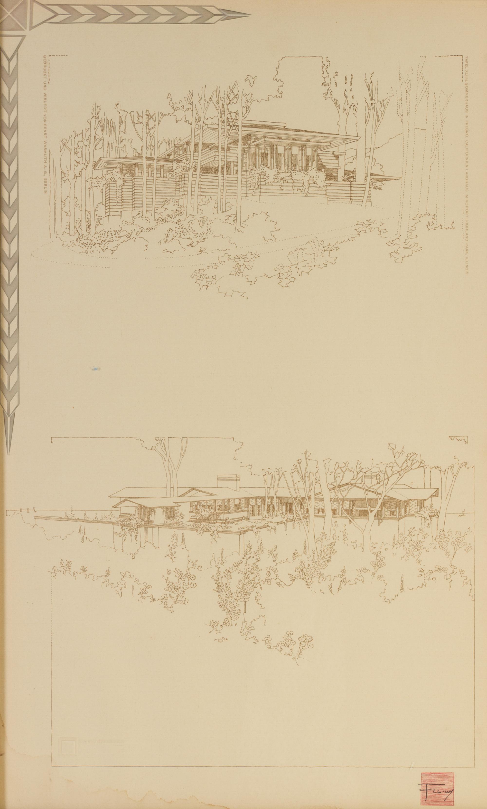 WRIGHT, FRANK LLOYD. Tafel XLIII & sommerhaus... Blueprint litho. from the Wasmuth portfolio, 1910. Framed.