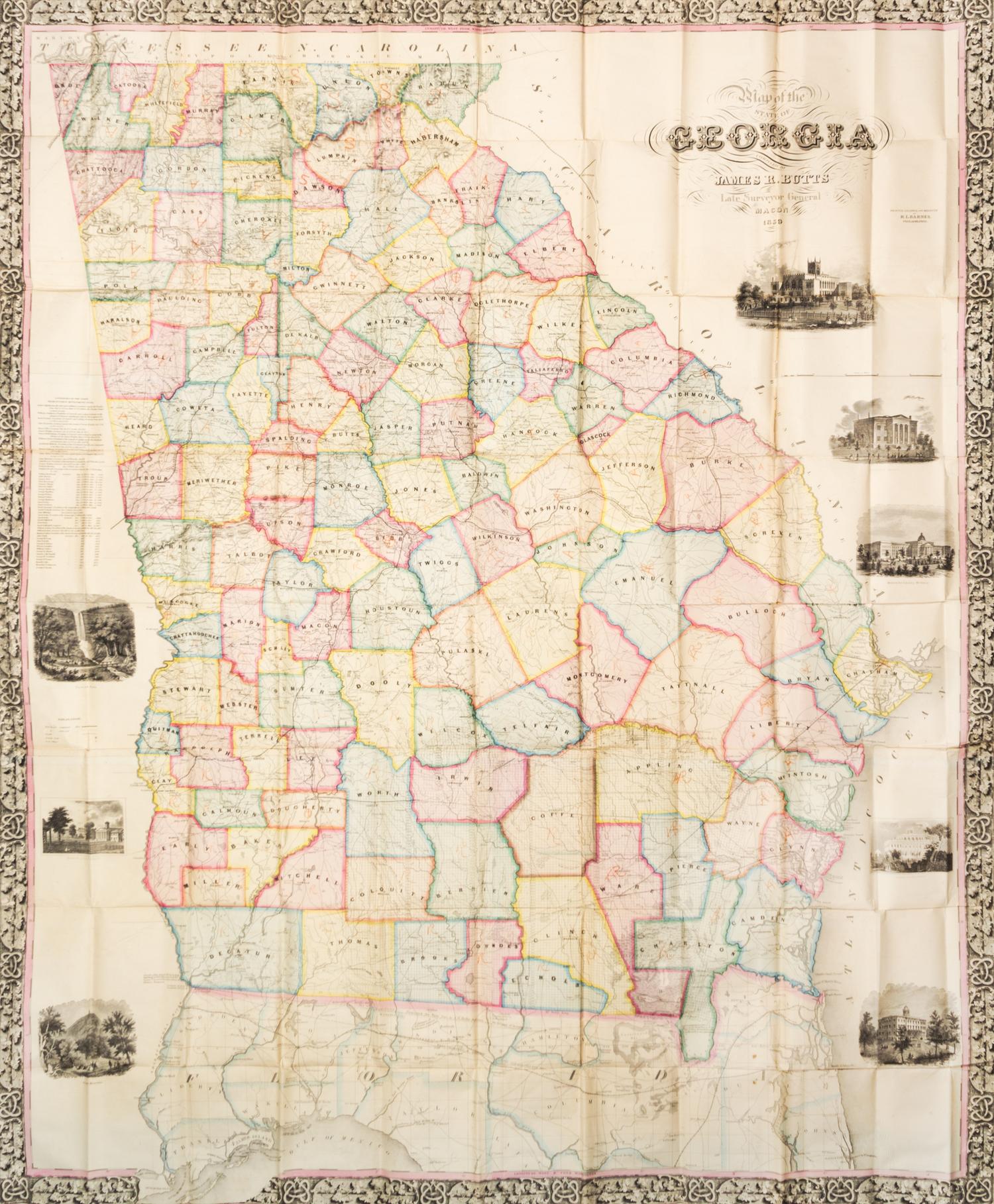 (MAP) BUTTS, JAMES R. Map of the State of Georgia. Philadelphia, 1859. Large folding engraved color map of Georgia.