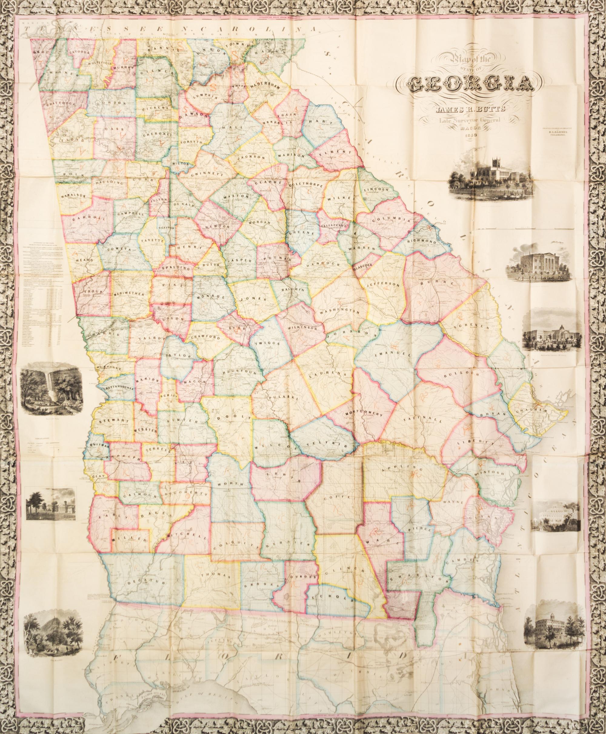 (MAP) BUTTS, JAMES R. Map of the State of Georgia. Philadelphia, 1859. Large folding engraved color map of Georgia.