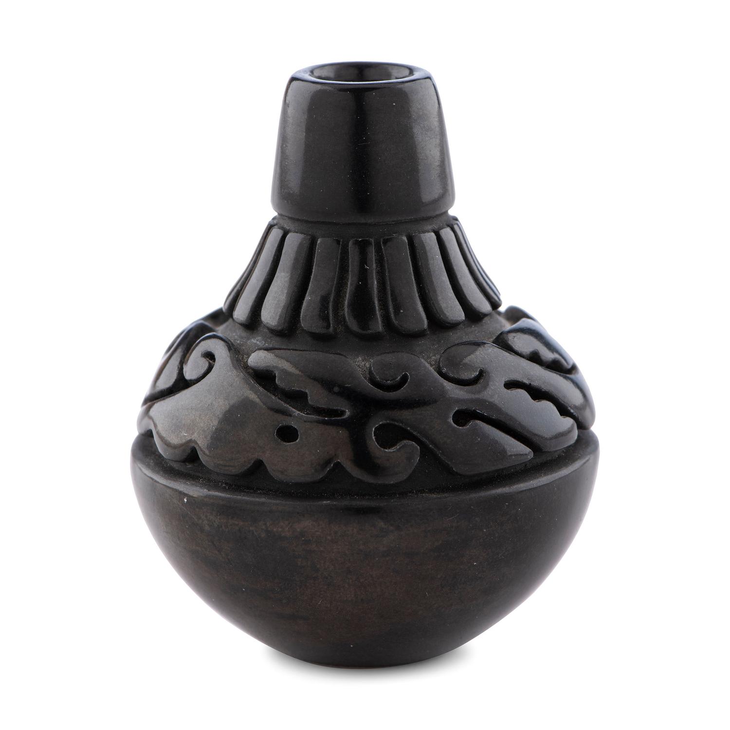 Miniature Blackware Pottery Vase, Carved with Avanyu , 1977