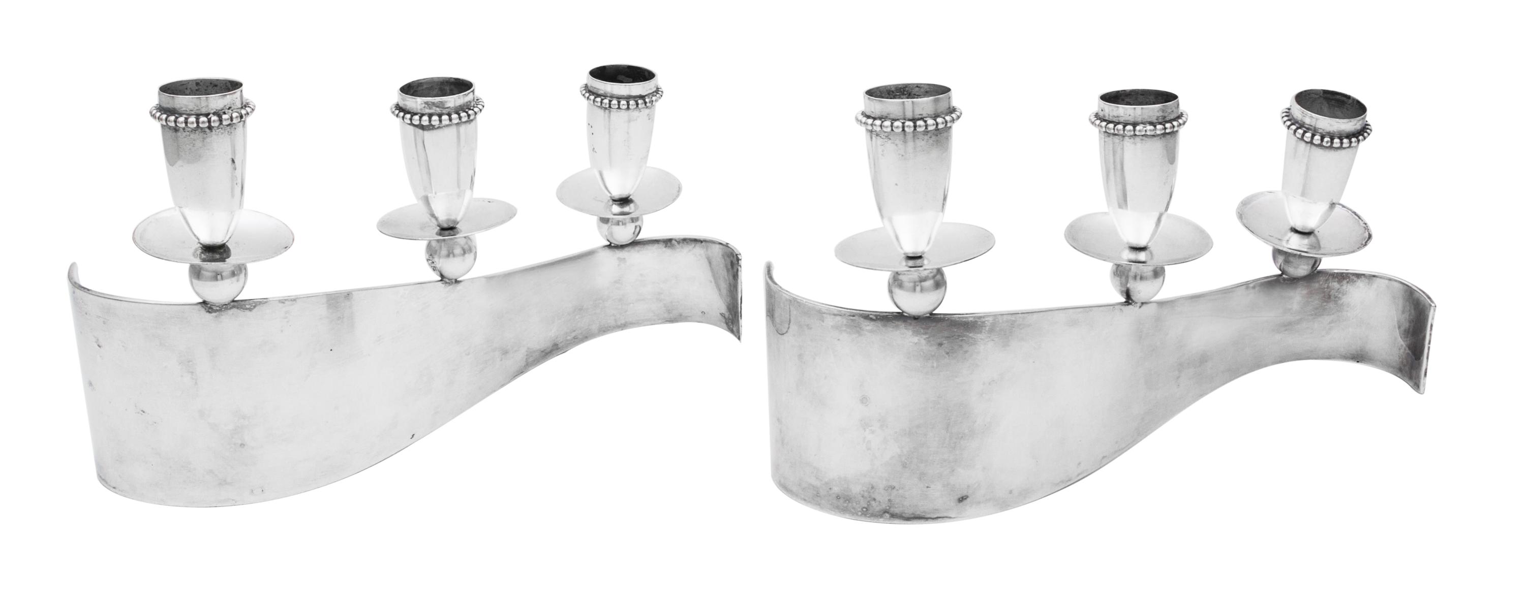 Two Modernist Silver-Plate Candelabra Width 10 1/8 inches.