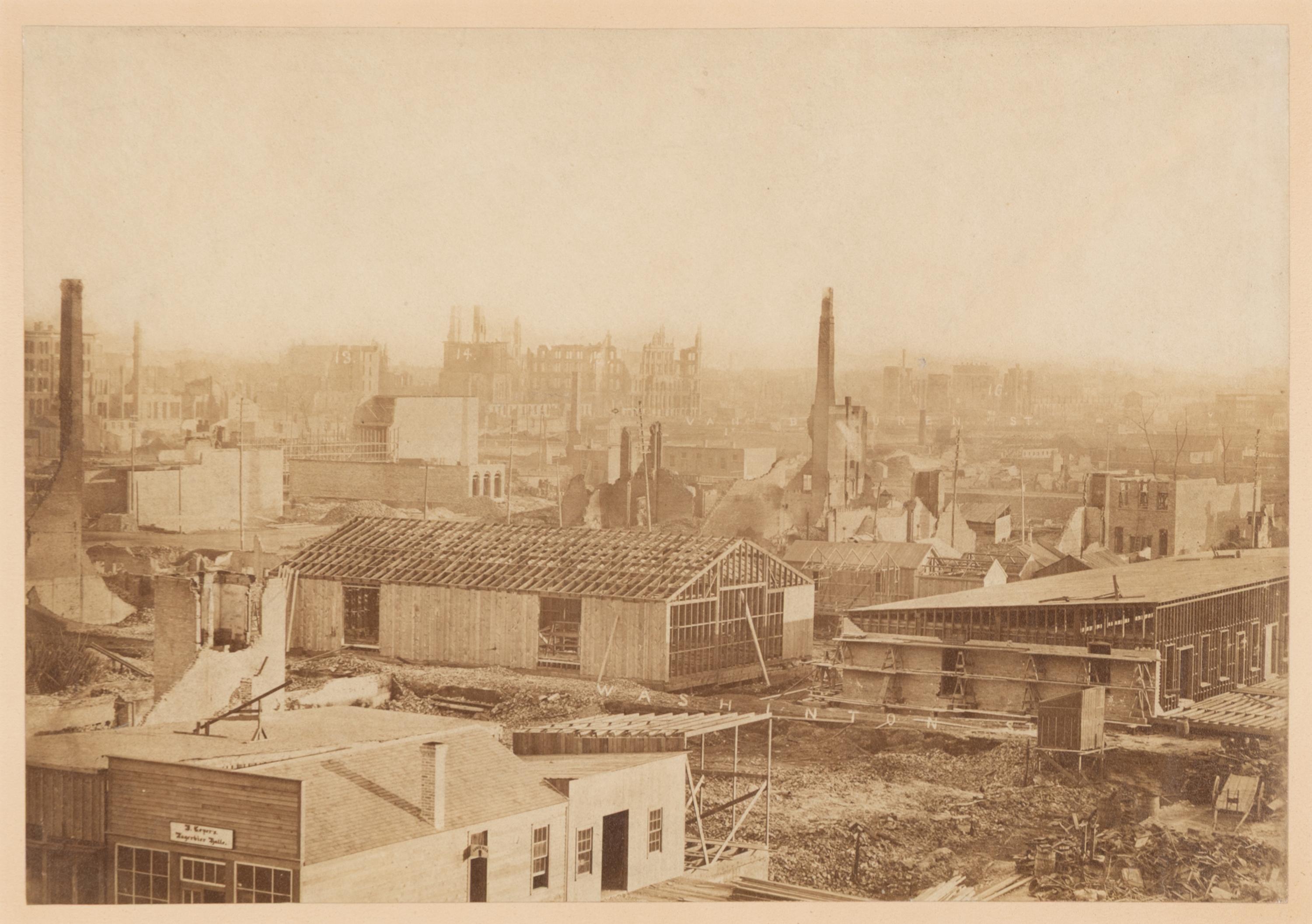 [Chicago Fire]. Smith, Joshua (1818-1891), photographer. Chicago, as seen after the great Conflagration . Washington, 1871.